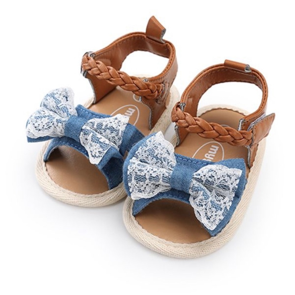 Boutique Denim Bow Sandals with Lace Trim